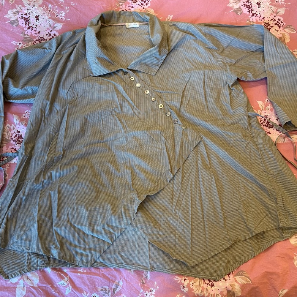 Krista Larson Pinstripe Cotton Lotus Shirt (Taupe/Grey/White) - NWOT - OS